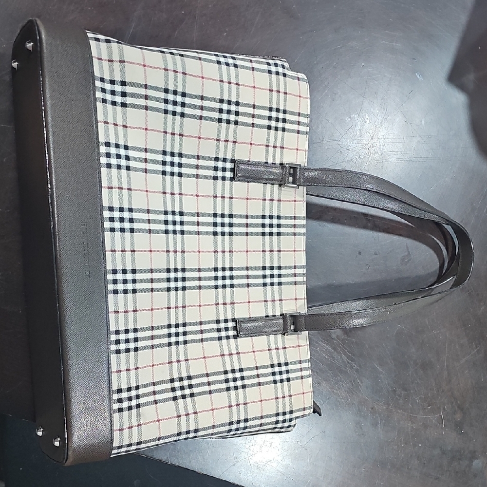 Burberry Plaid Tote Bag with Brown Leather Straps